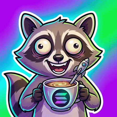 Caffy, a wide-eyed raccoon holding a glowing Solana espresso cup and rocket spoon, surrounded by neon violet, cyan and green